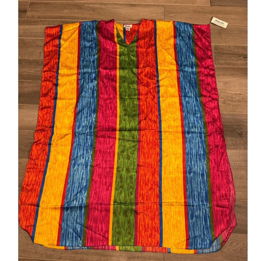 NWT Winlar Caftan Womens OSFM Rainbow Stripe Maxi Dress Kaftan Resort Lounge